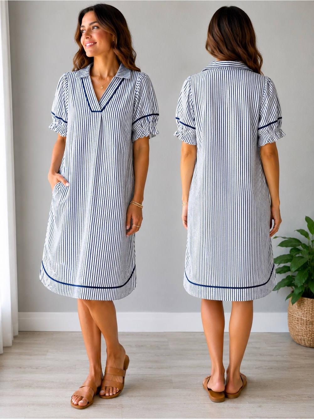 Women’s Navy Stripe V-Neck Shift Dress
